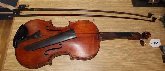 A French violin labelled J.B. Henry a Paris 1823 and two bows